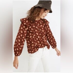 Madewell Brown Ladder-Trim Ruffle Top Size S